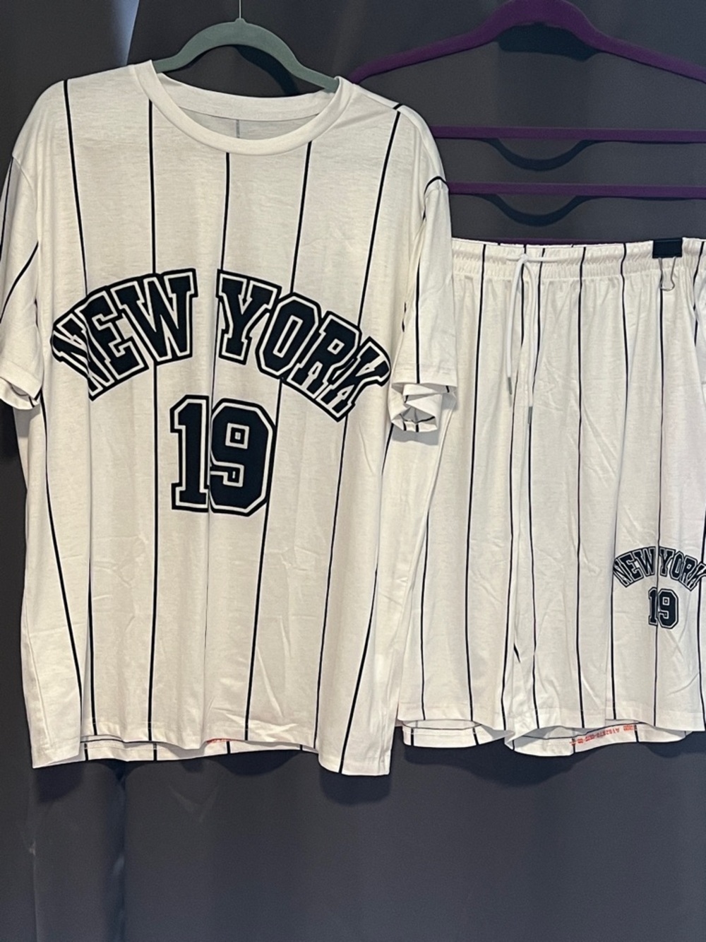 New York Pinstripe Tee & Shorts Set - White with Black Trim